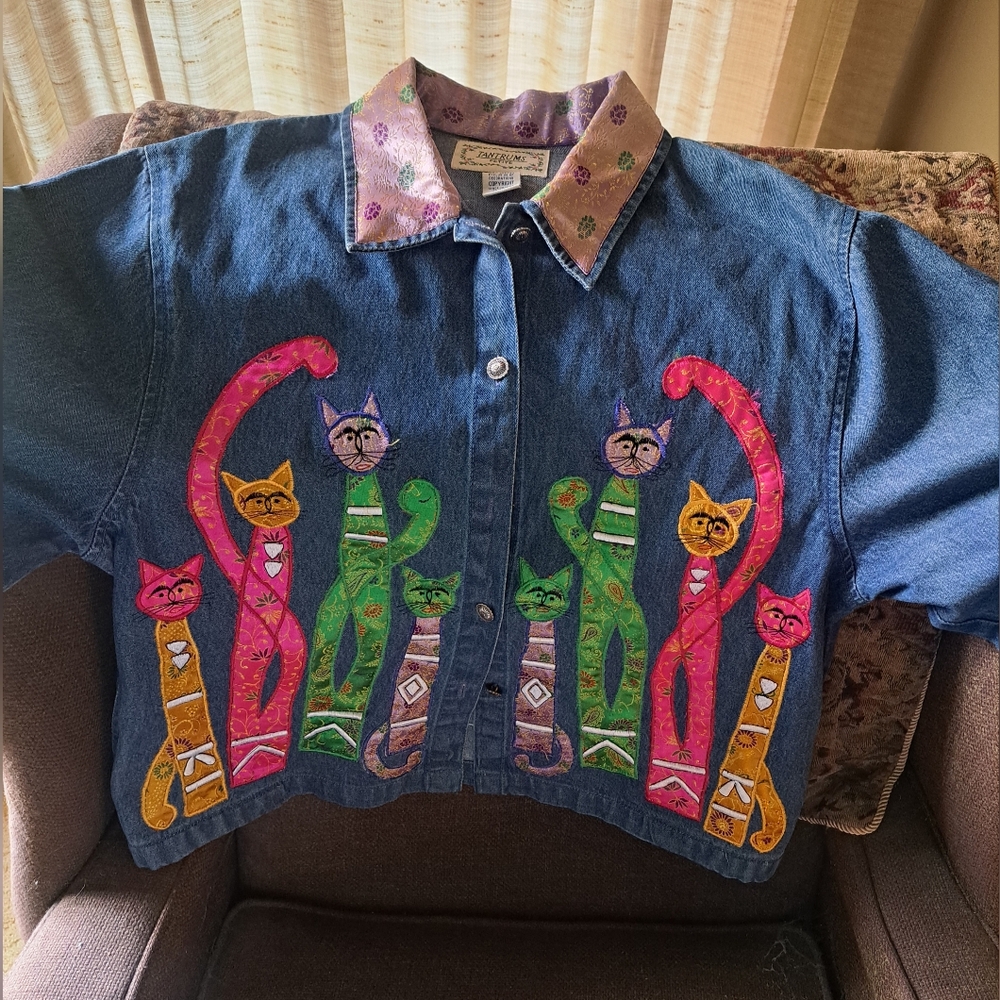 Vtg Tantrums Petite L Womens Girks Denim Button Up Jacket Embroidered Cats Art
